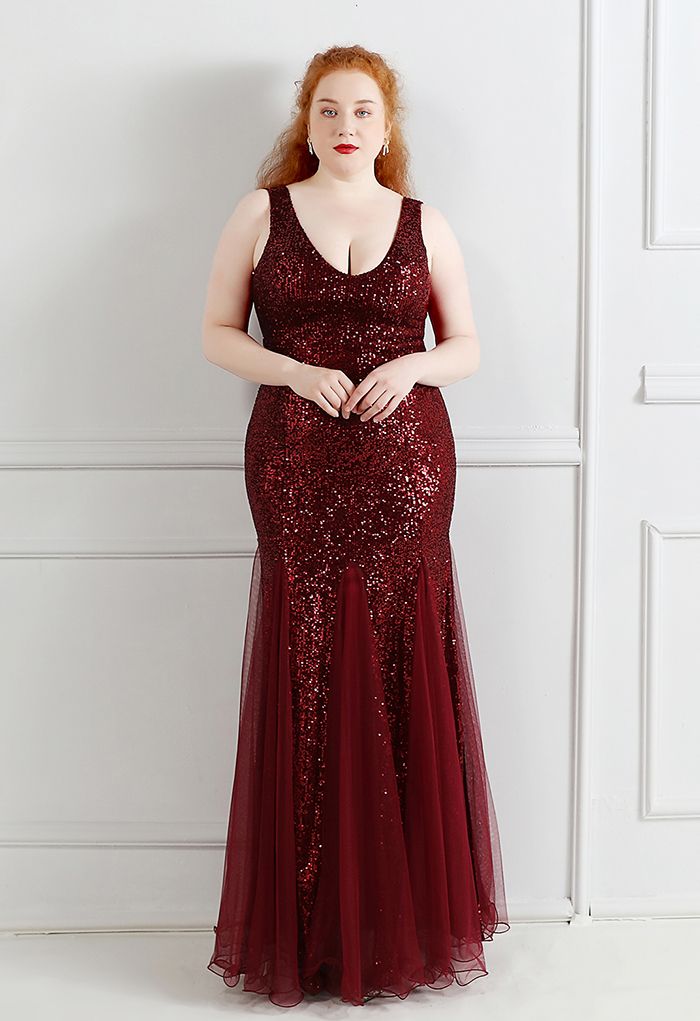 Mesh Panelled Sequined Mermaid Gown in Burgundy