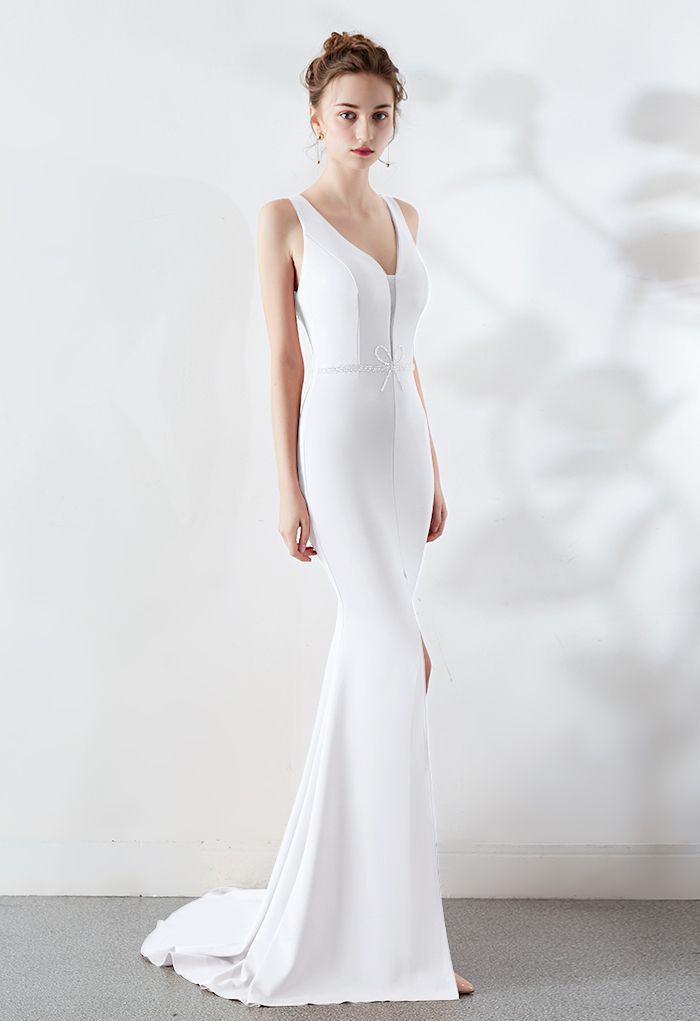 Beaded Bowknot Split Mermaid Satin Gown in White