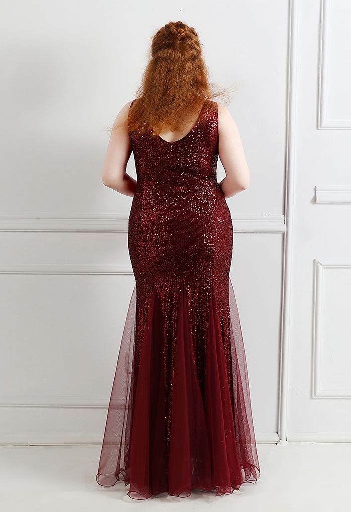 Mesh Panelled Sequined Mermaid Gown in Burgundy