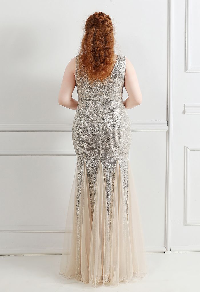 Mesh Panelled Sequined Mermaid Gown in Silver