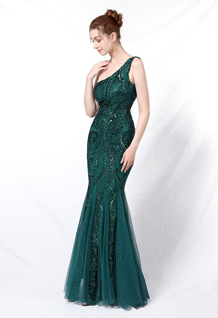 One-Shoulder Floral Lattice Sequined Mesh Gown in Emerald