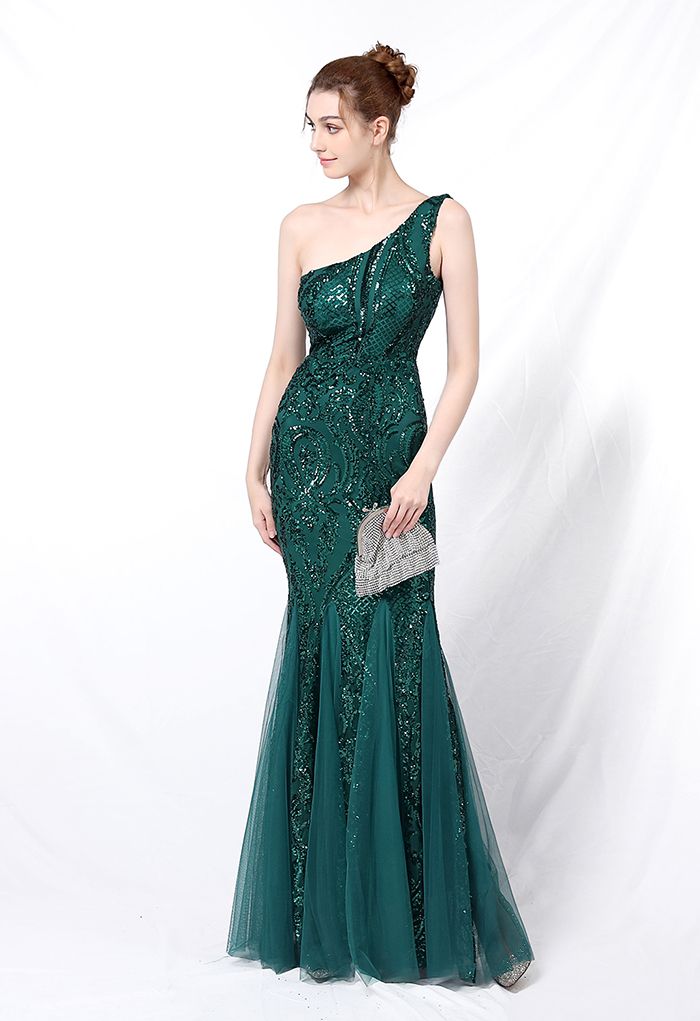 One-Shoulder Floral Lattice Sequined Mesh Gown in Emerald