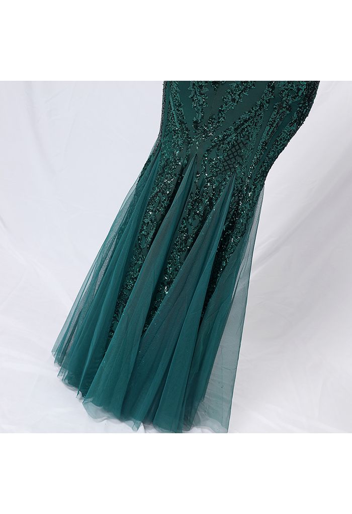 One-Shoulder Floral Lattice Sequined Mesh Gown in Emerald