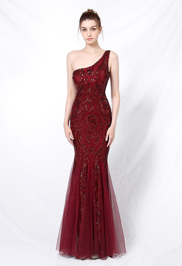 One-Shoulder Floral Lattice Sequined Mesh Gown in Burgundy