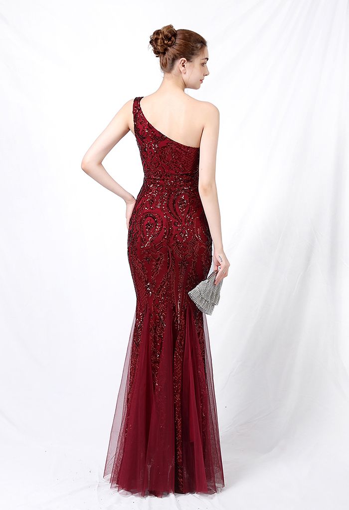 One-Shoulder Floral Lattice Sequined Mesh Gown in Burgundy