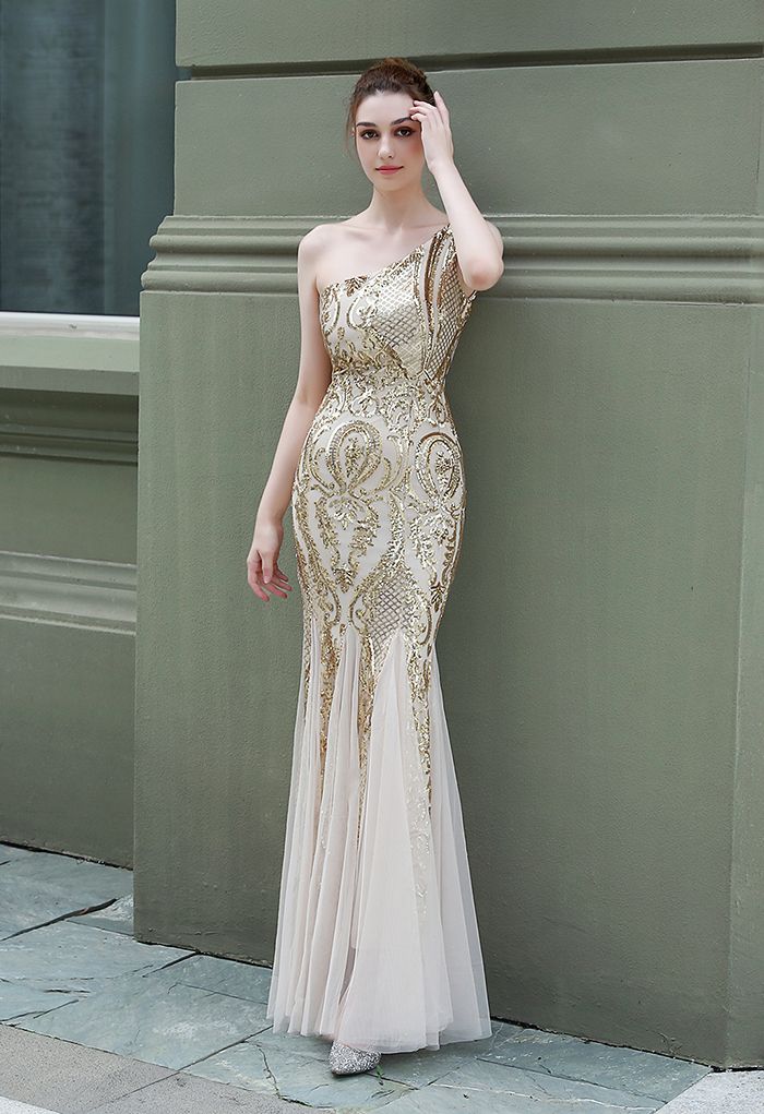 One-Shoulder Floral Lattice Sequined Mesh Gown in Gold