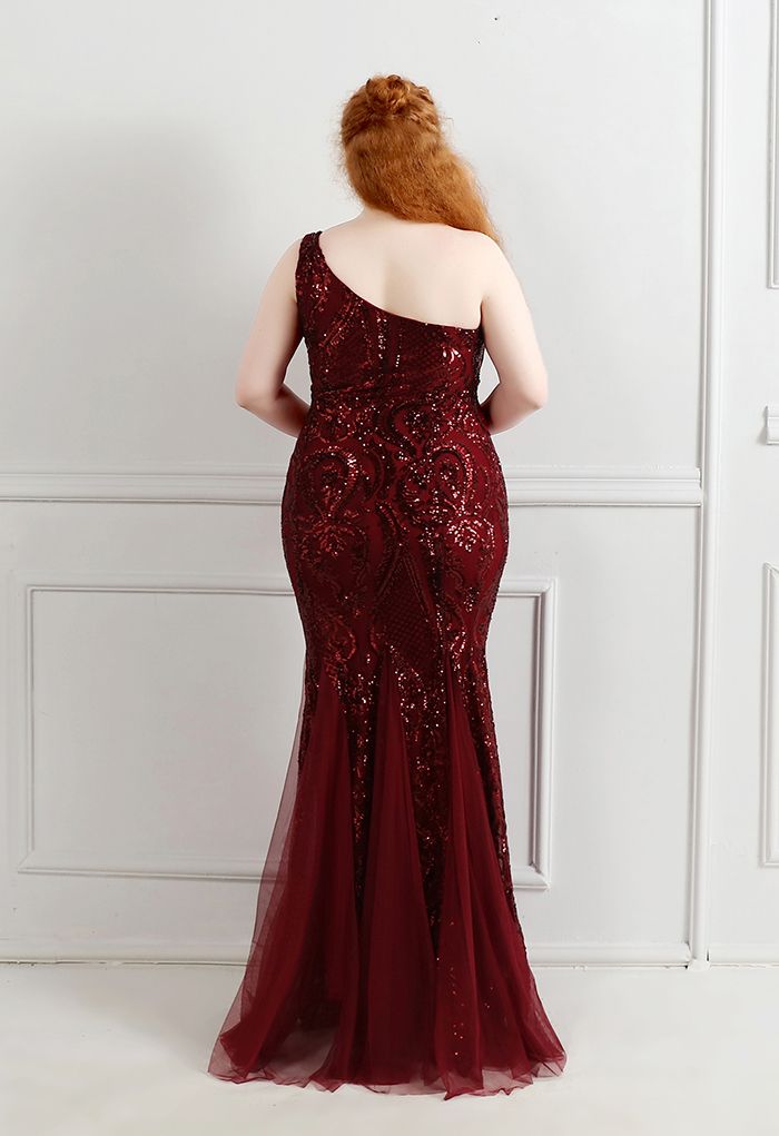 One-Shoulder Floral Lattice Sequined Mesh Gown in Burgundy