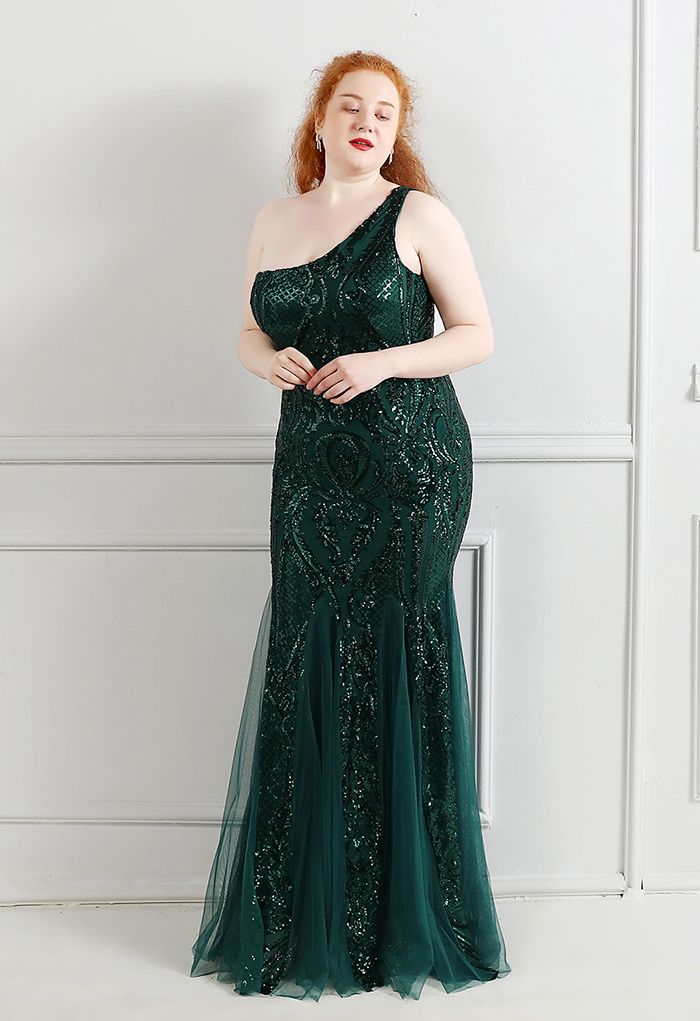 One-Shoulder Floral Lattice Sequined Mesh Gown in Emerald