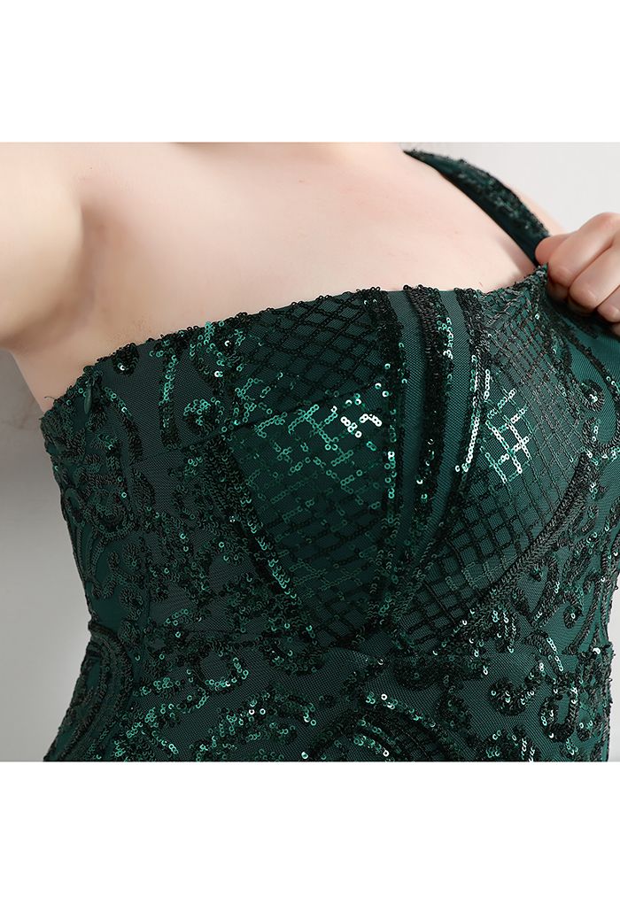 One-Shoulder Floral Lattice Sequined Mesh Gown in Emerald