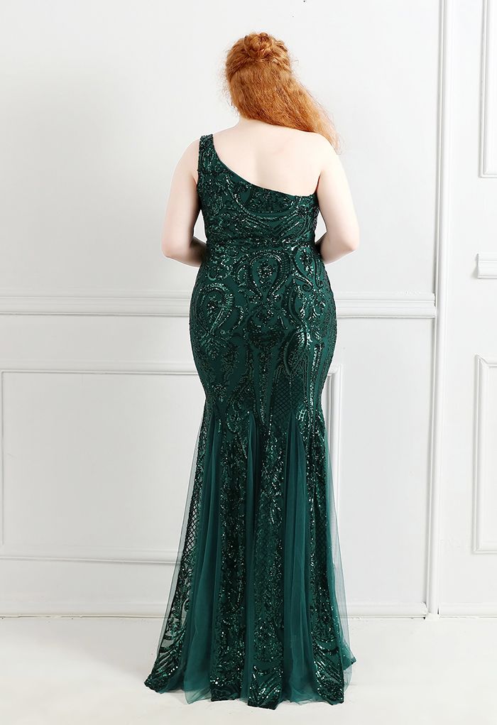 One-Shoulder Floral Lattice Sequined Mesh Gown in Emerald