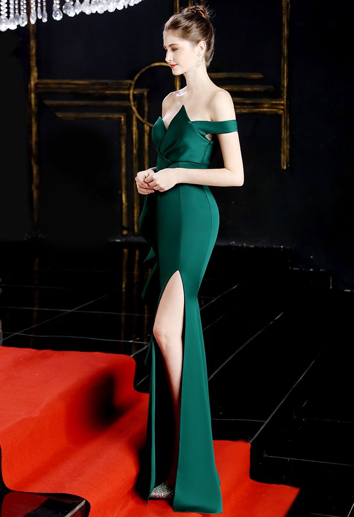 Off-Shoulder Cascade Ruffle Split Satin Gown in Emerald