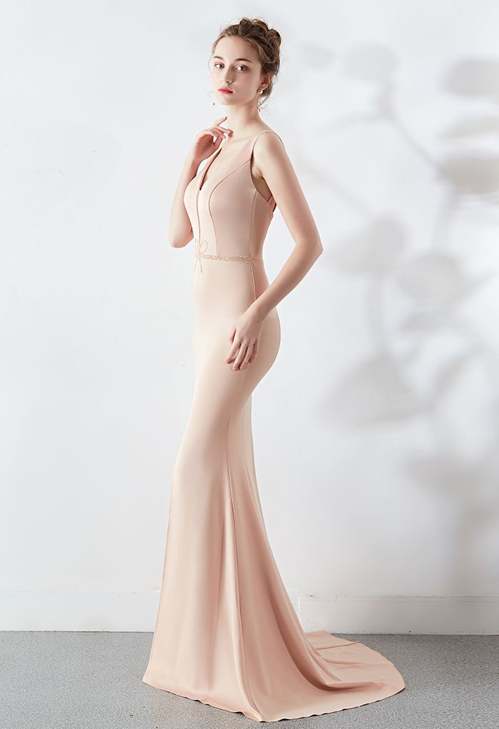 Beaded Bowknot Split Mermaid Satin Gown in Apricot