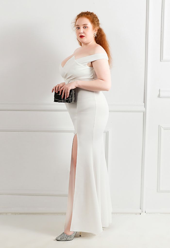 Off-Shoulder Cascade Ruffle Split Satin Gown in White