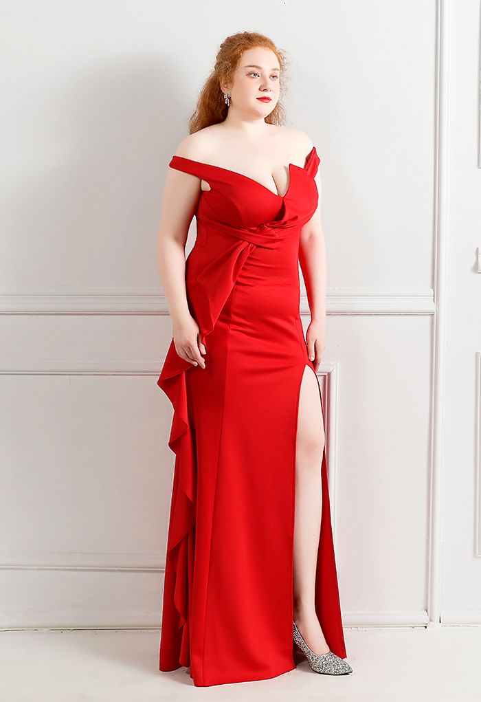 Off-Shoulder Cascade Ruffle Split Satin Gown in Red