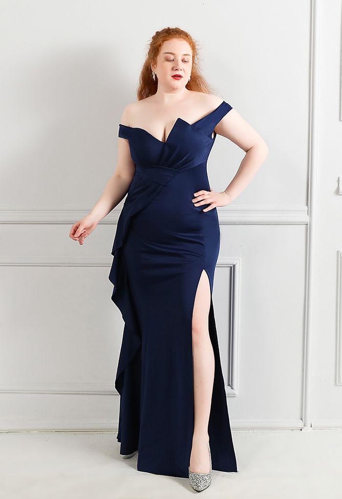 Off-Shoulder Cascade Ruffle Split Satin Gown in Navy