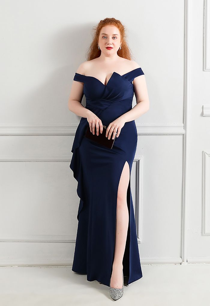 Off-Shoulder Cascade Ruffle Split Satin Gown in Navy