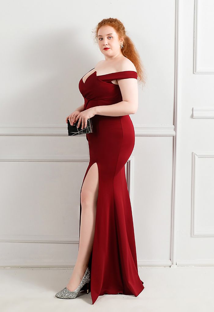 Off-Shoulder Cascade Ruffle Split Satin Gown in Burgundy