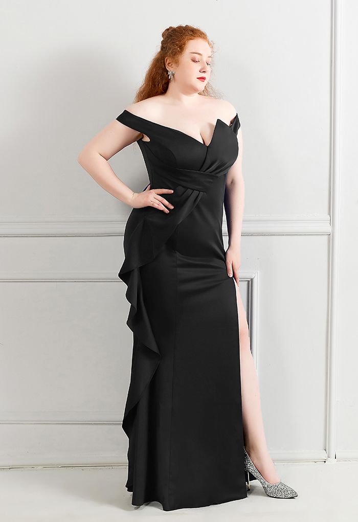 Off-Shoulder Cascade Ruffle Split Satin Gown in Black