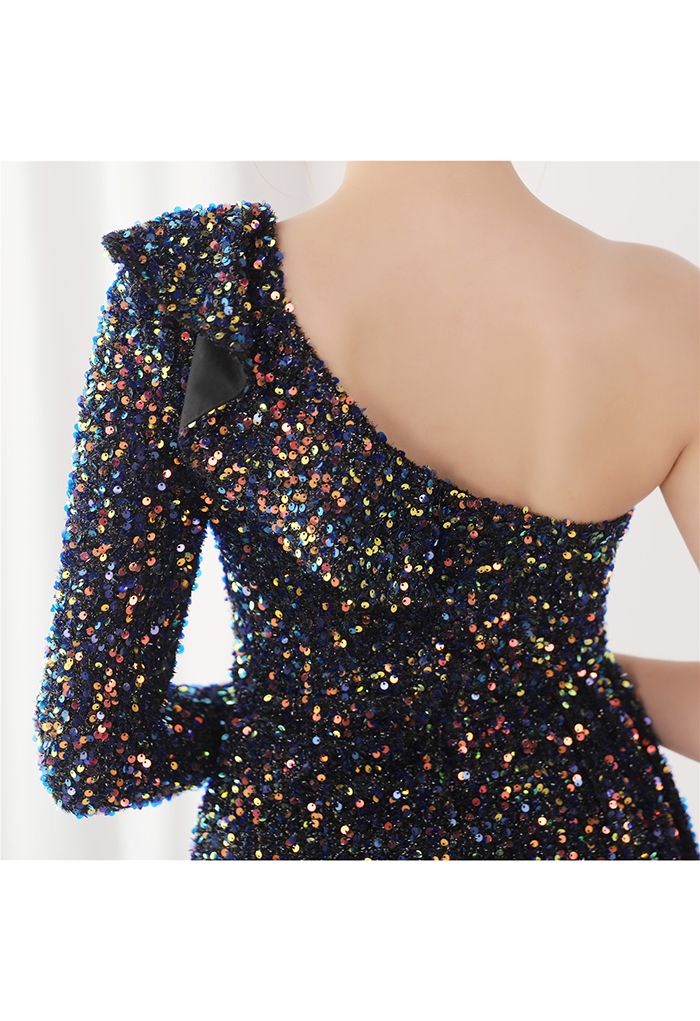 Ruffle One-Shoulder Colorful Sequin Cocktail Dress in Black