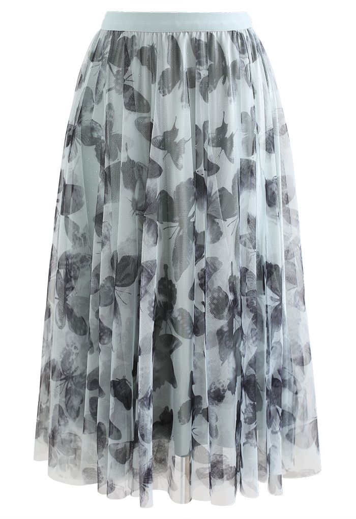 Butterfly Shadow Sequins Velvet Tulle Skirt in Mint