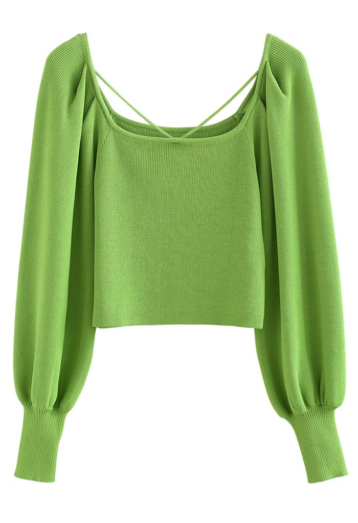 Cutout V-Neck Puff Sleeves Crop Knit Top in Green