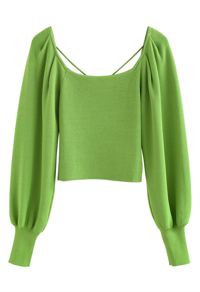 Cutout V-Neck Puff Sleeves Crop Knit Top in Green