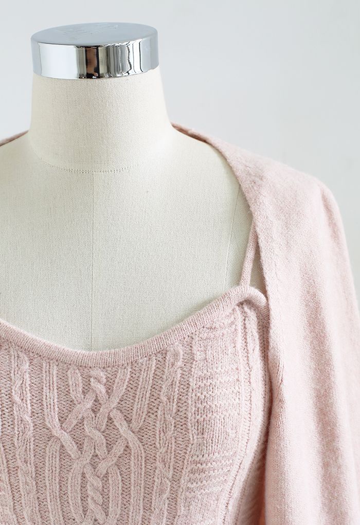 Cable Knit Cami Top and Crop Cardigan Set in Pink