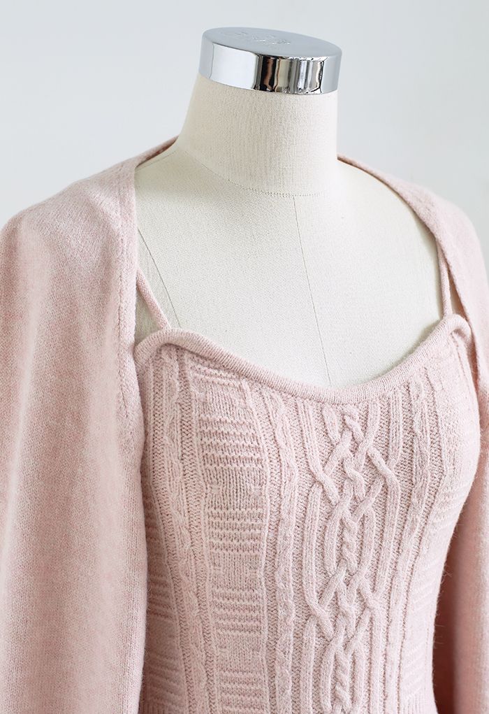 Cable Knit Cami Top and Crop Cardigan Set in Pink