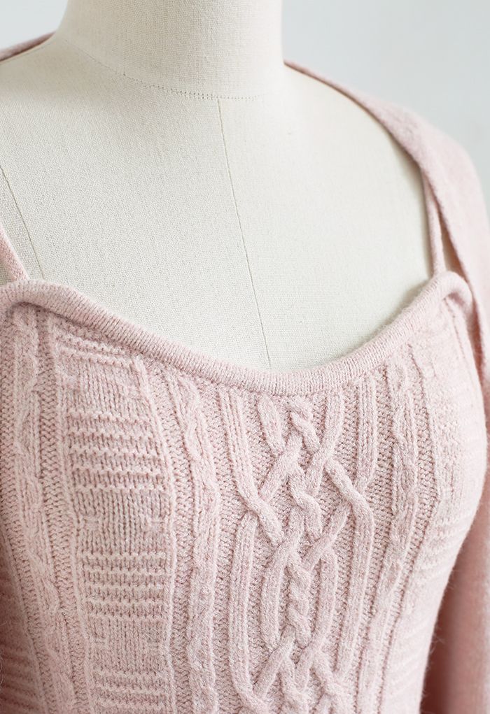 Cable Knit Cami Top and Crop Cardigan Set in Pink