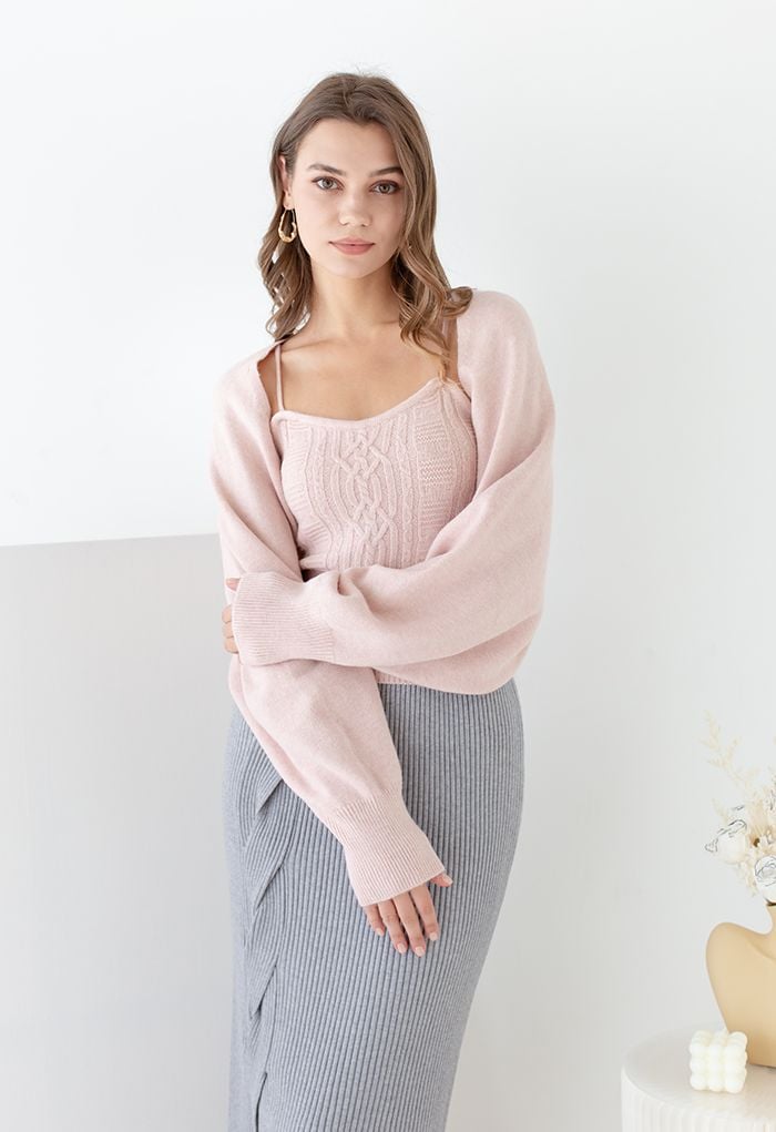 Cable Knit Cami Top and Crop Cardigan Set in Pink