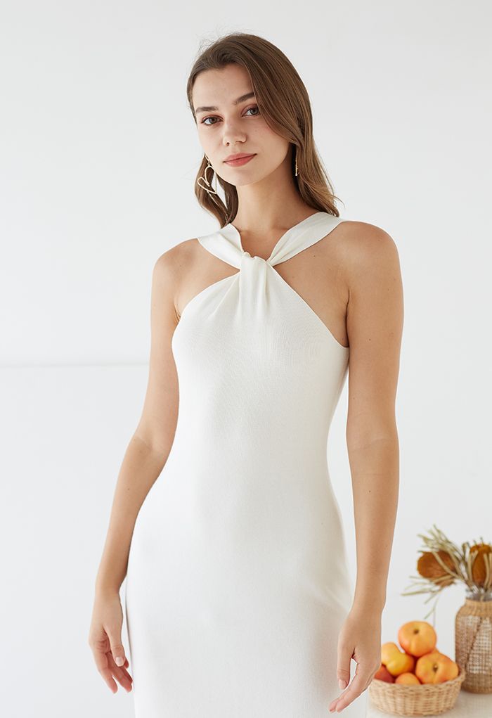 Crisscross Halter Neck Fitted Knit Dress in White