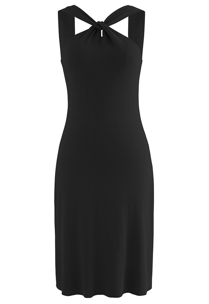 Crisscross Halter Neck Fitted Knit Dress in Black