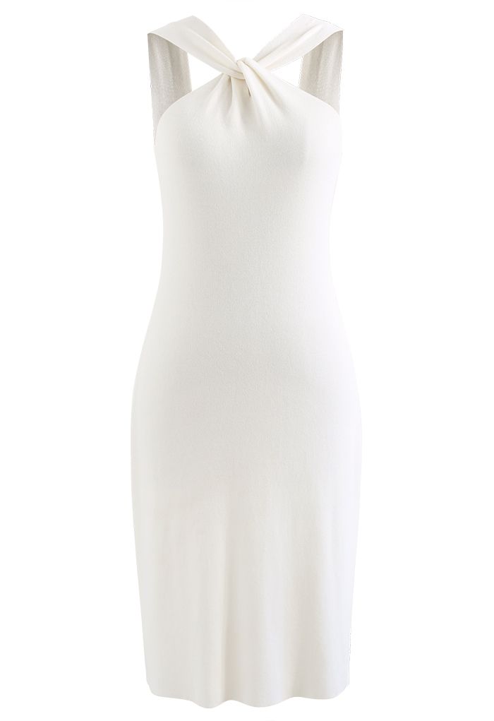 Crisscross Halter Neck Fitted Knit Dress in White