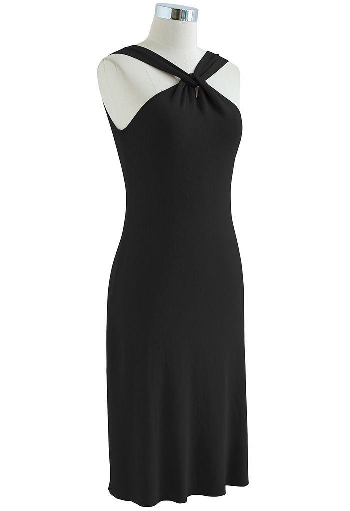 Crisscross Halter Neck Fitted Knit Dress in Black