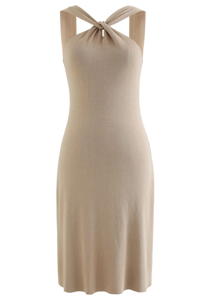 Crisscross Halter Neck Fitted Knit Dress in Camel