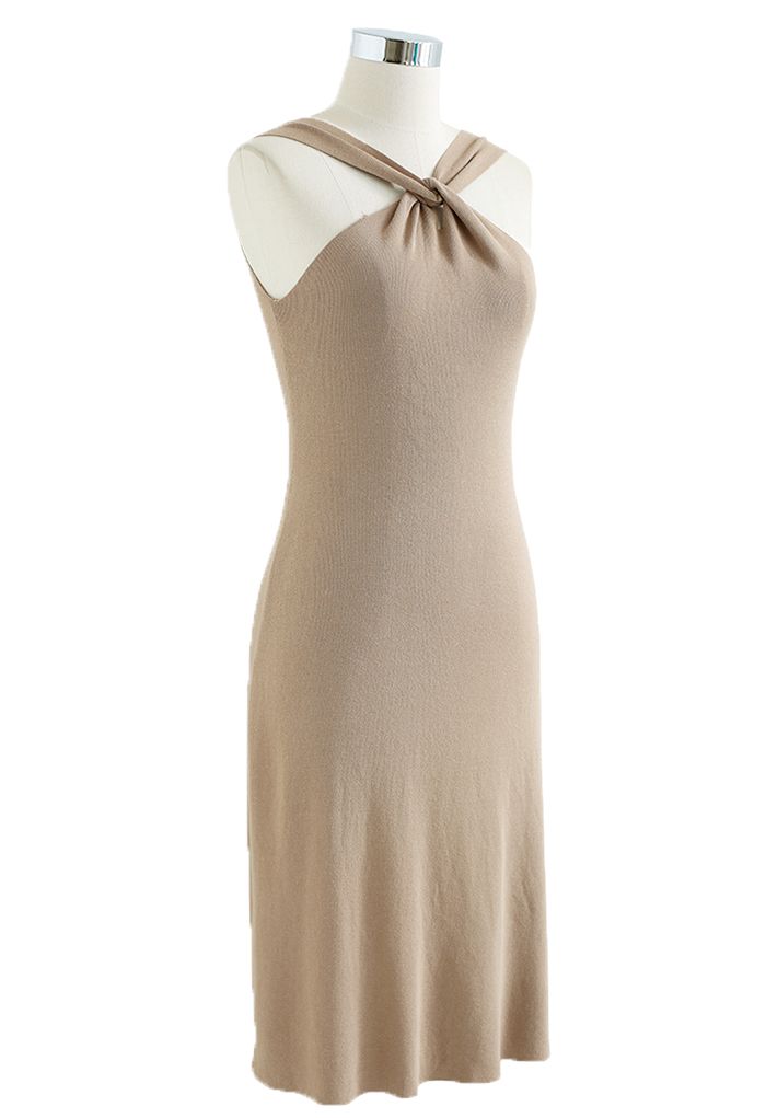 Crisscross Halter Neck Fitted Knit Dress in Camel