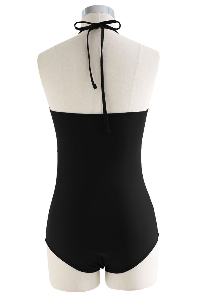 Halter Neck Ruched Front Swimsuit in Black