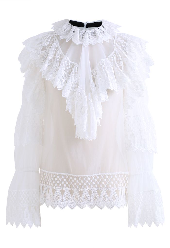 Tiered Lace Semi-Sheer Organza Shirt