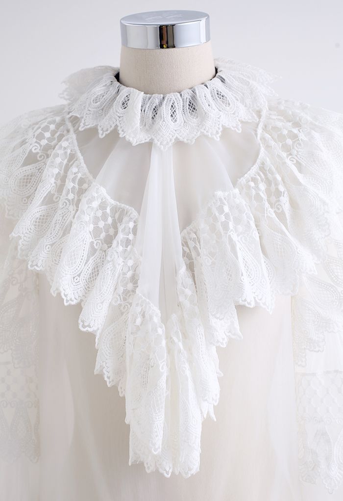 Tiered Lace Semi-Sheer Organza Shirt