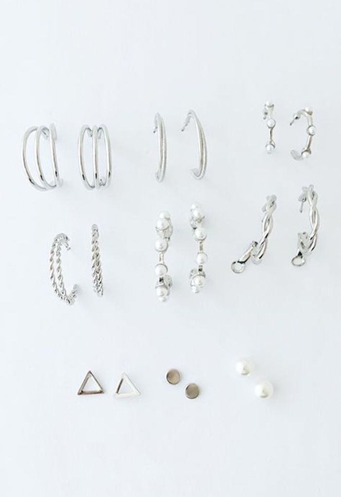 Shimmer Silver 9 Pairs Earring Set