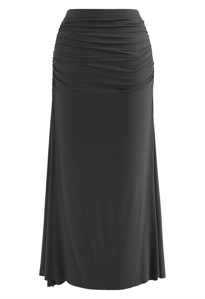 High Waist Ruched Detail Maxi Skirt in Smoke