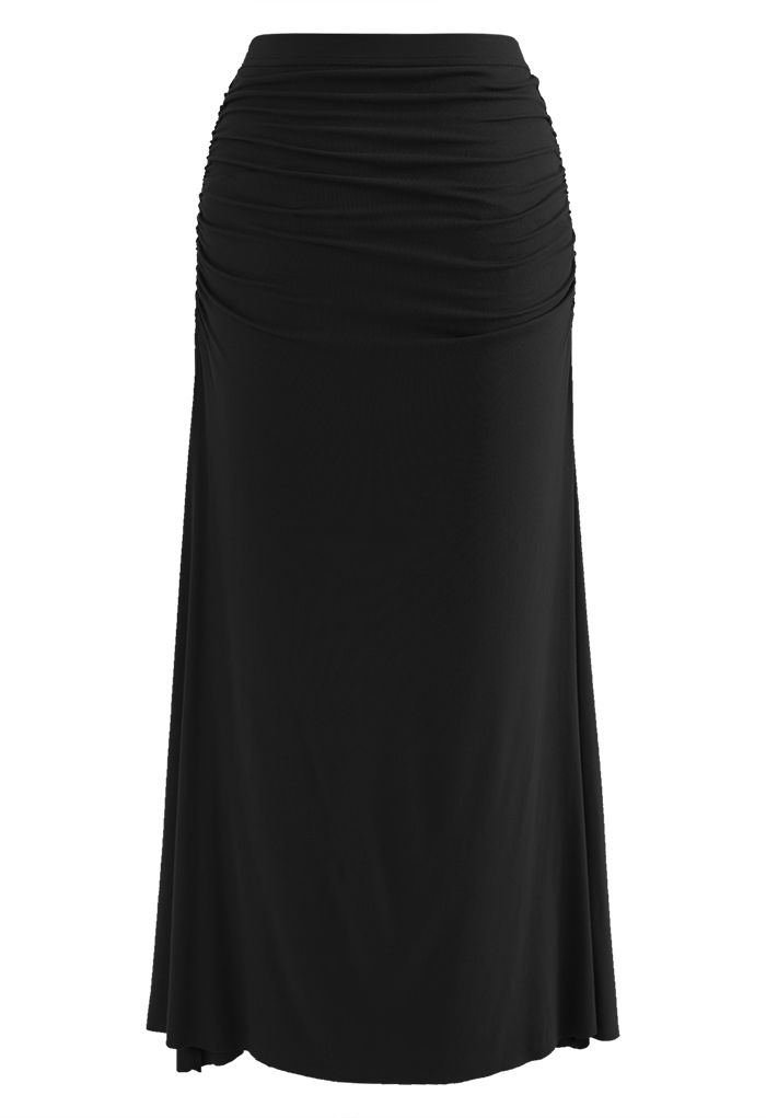 High Waist Ruched Detail Maxi Skirt in Black