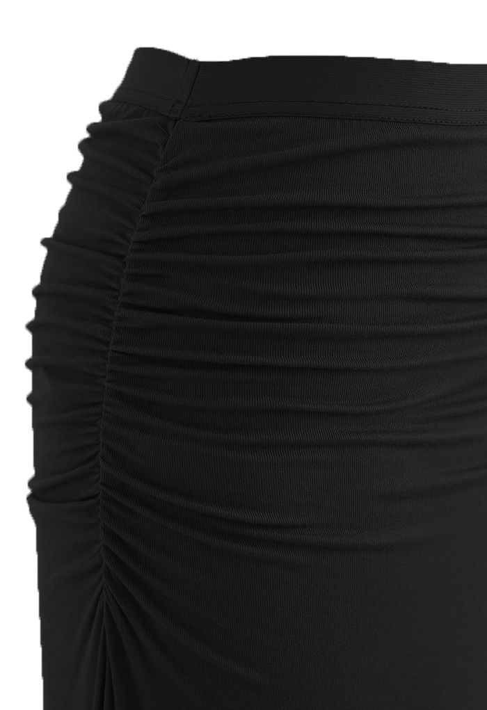 High Waist Ruched Detail Maxi Skirt in Black