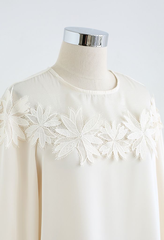 Floral Crochet Spliced Satin Shirt in Cream - Retro, Indie and Unique ...