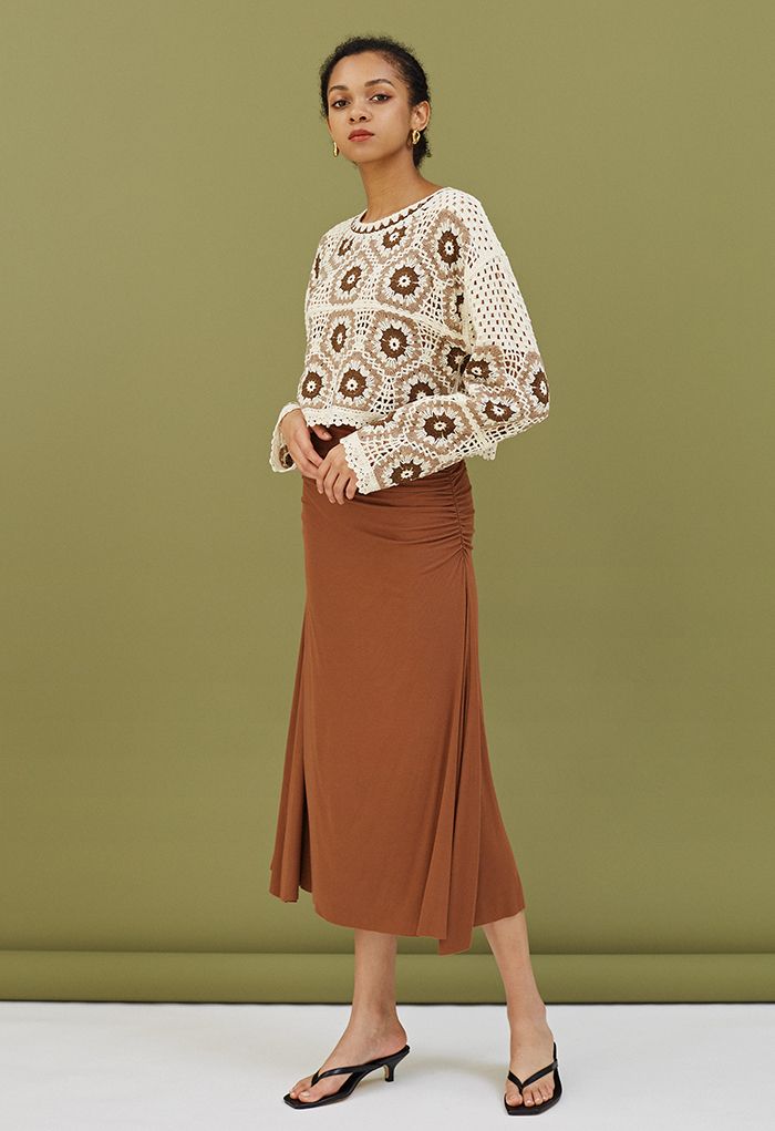 High Waist Ruched Detail Maxi Skirt in Caramel