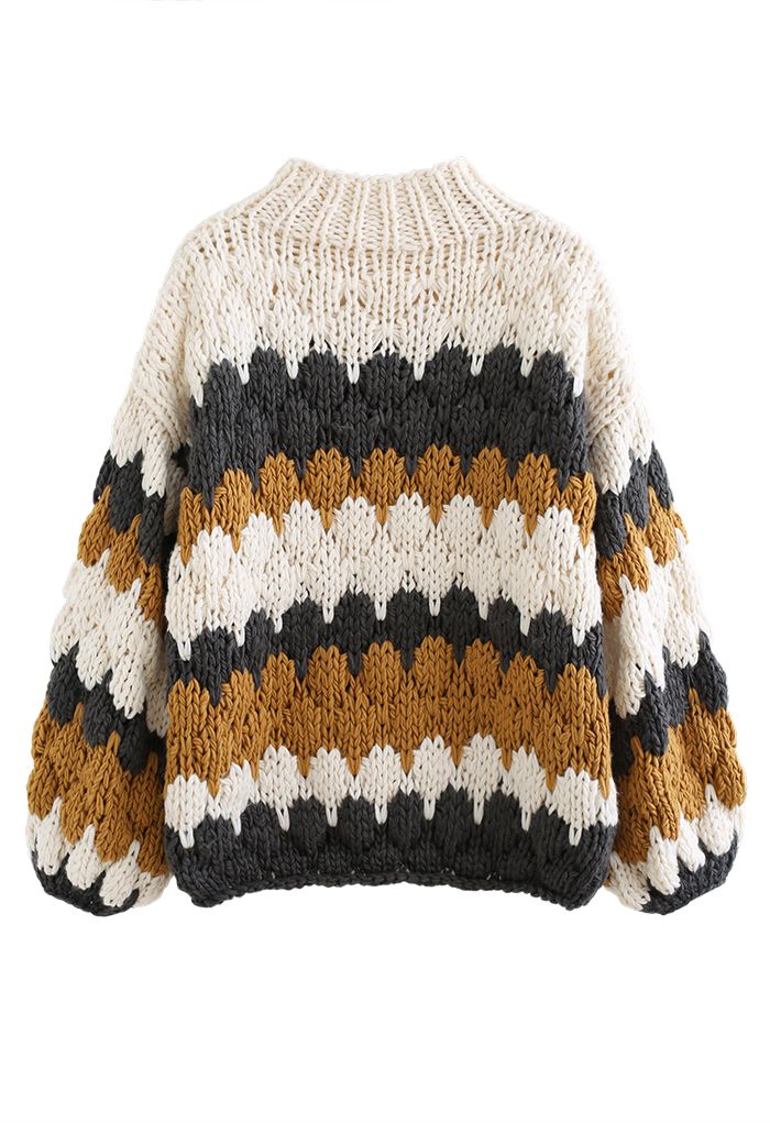 Color Blocked High Neck Hand-Knit Chunky Sweater in Smoke