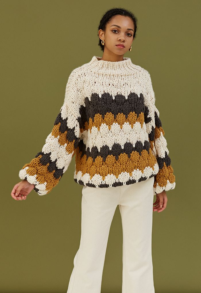 Color Blocked High Neck Hand-Knit Chunky Sweater in Smoke