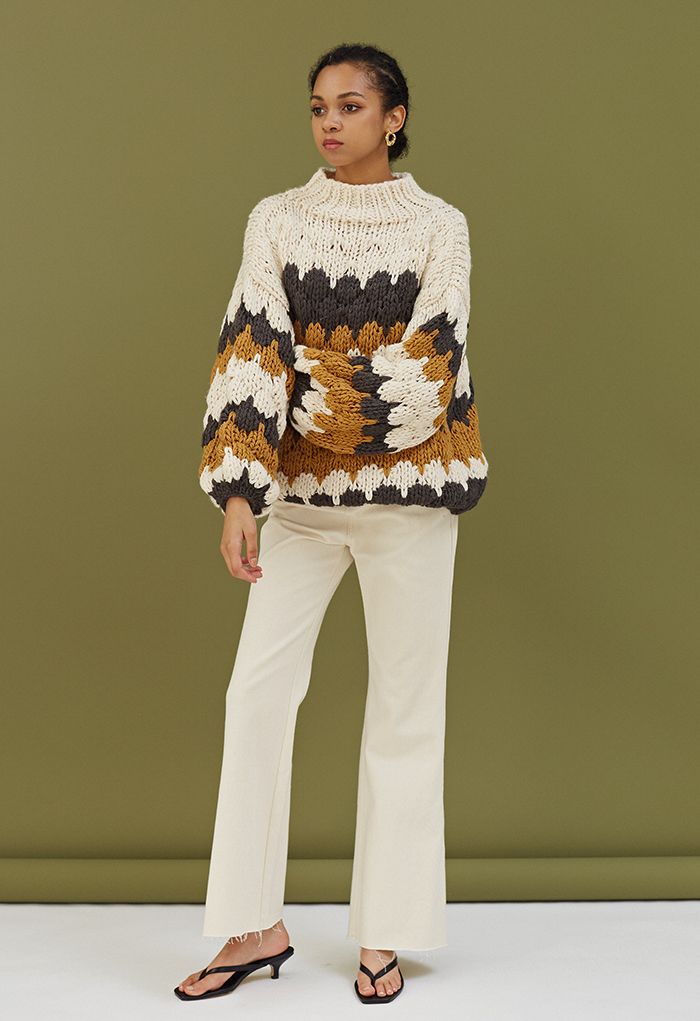 Color Blocked High Neck Hand-Knit Chunky Sweater in Smoke