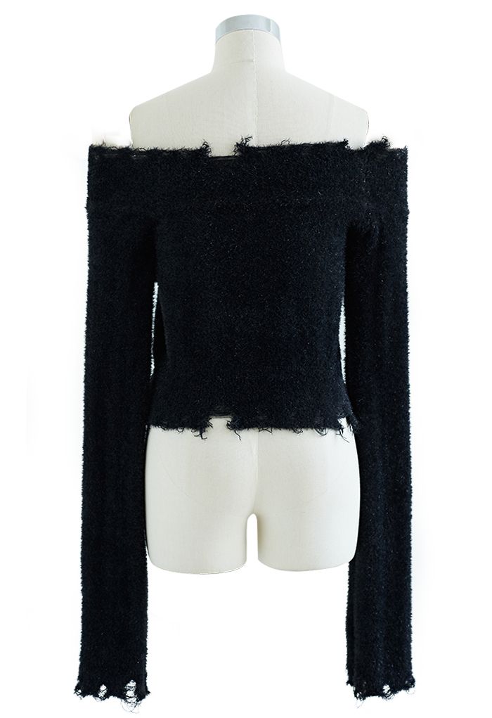 Shimmery Fuzzy Knit Crop Sweater in Black