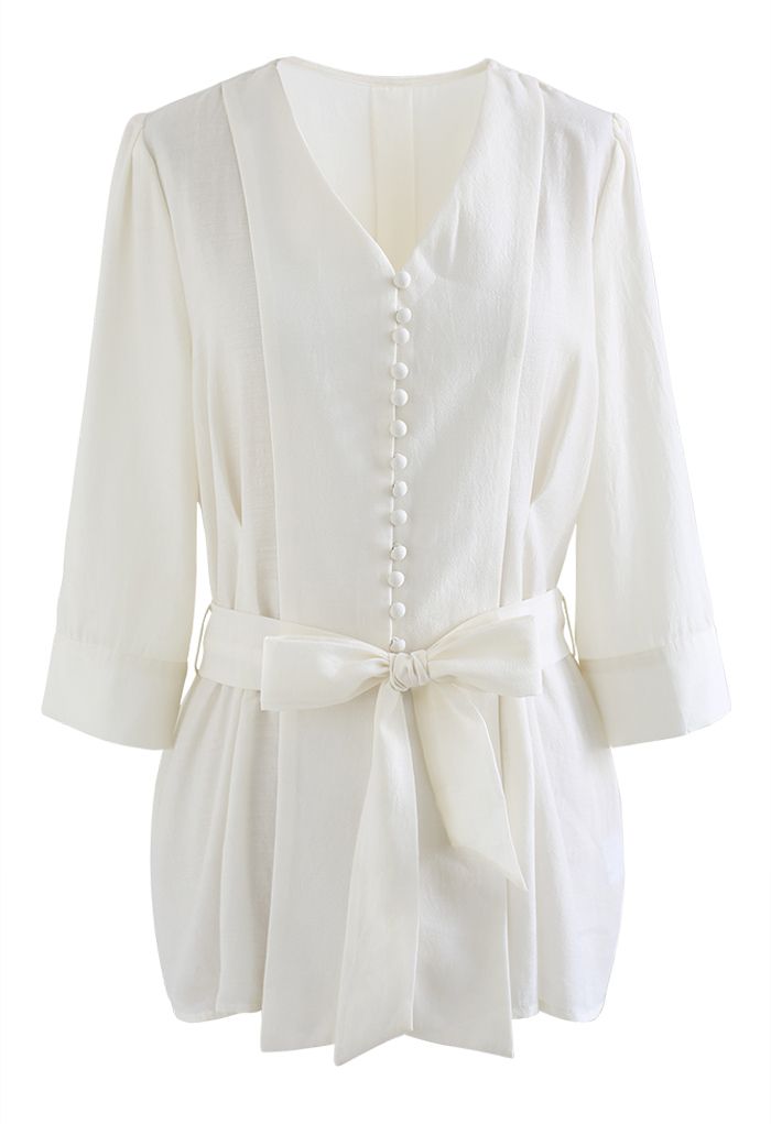 Elbow Sleeve Bowknot Waist Shirt in White